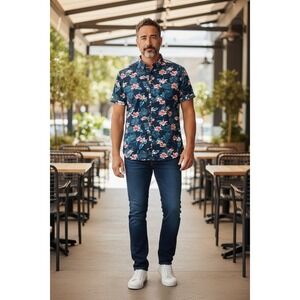 Cactus Man Ricky Singh Mens Large Slim Fit Tropical Floral Navy Button Down